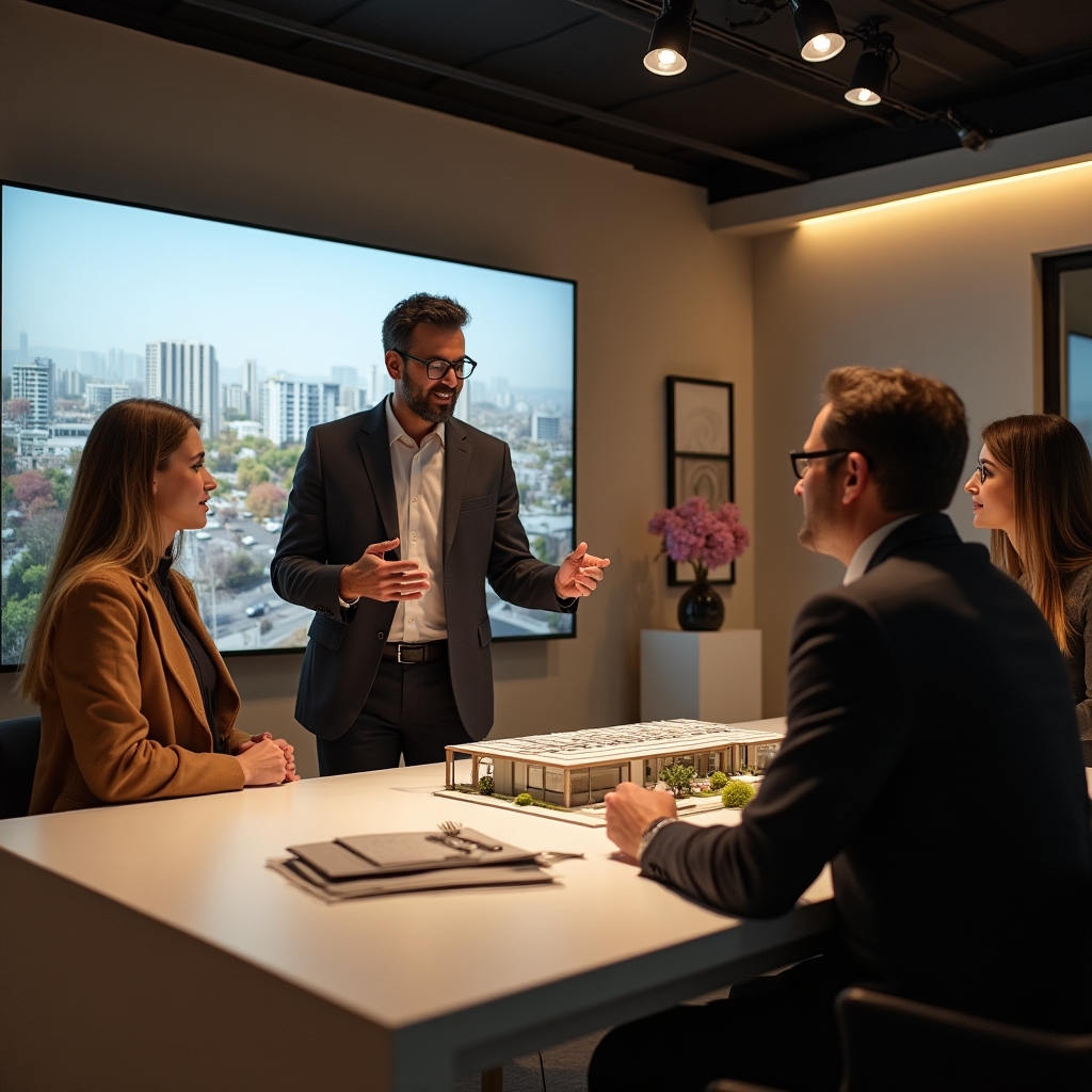 Real estate broker presenting a new development to a couple in a professionally designed sales room