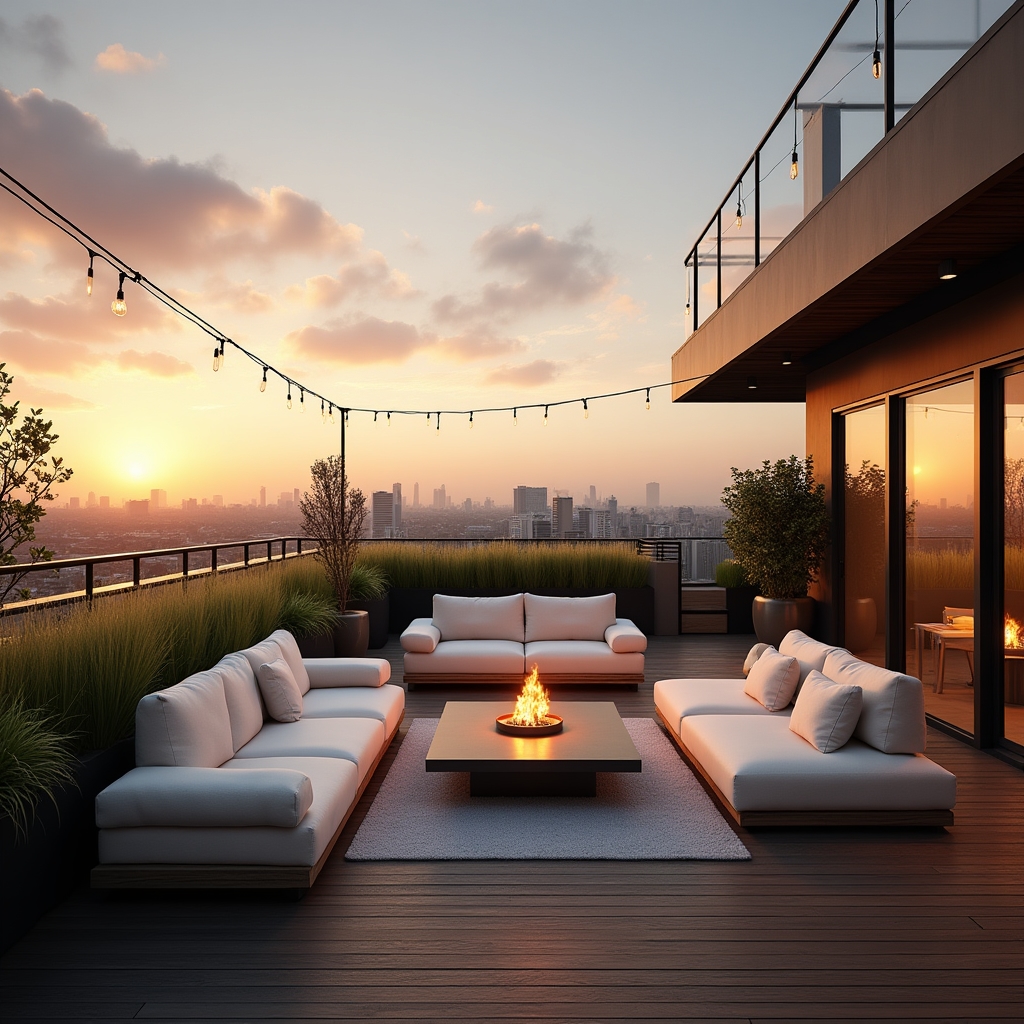 Rooftop amenity space with lounge seating and city views