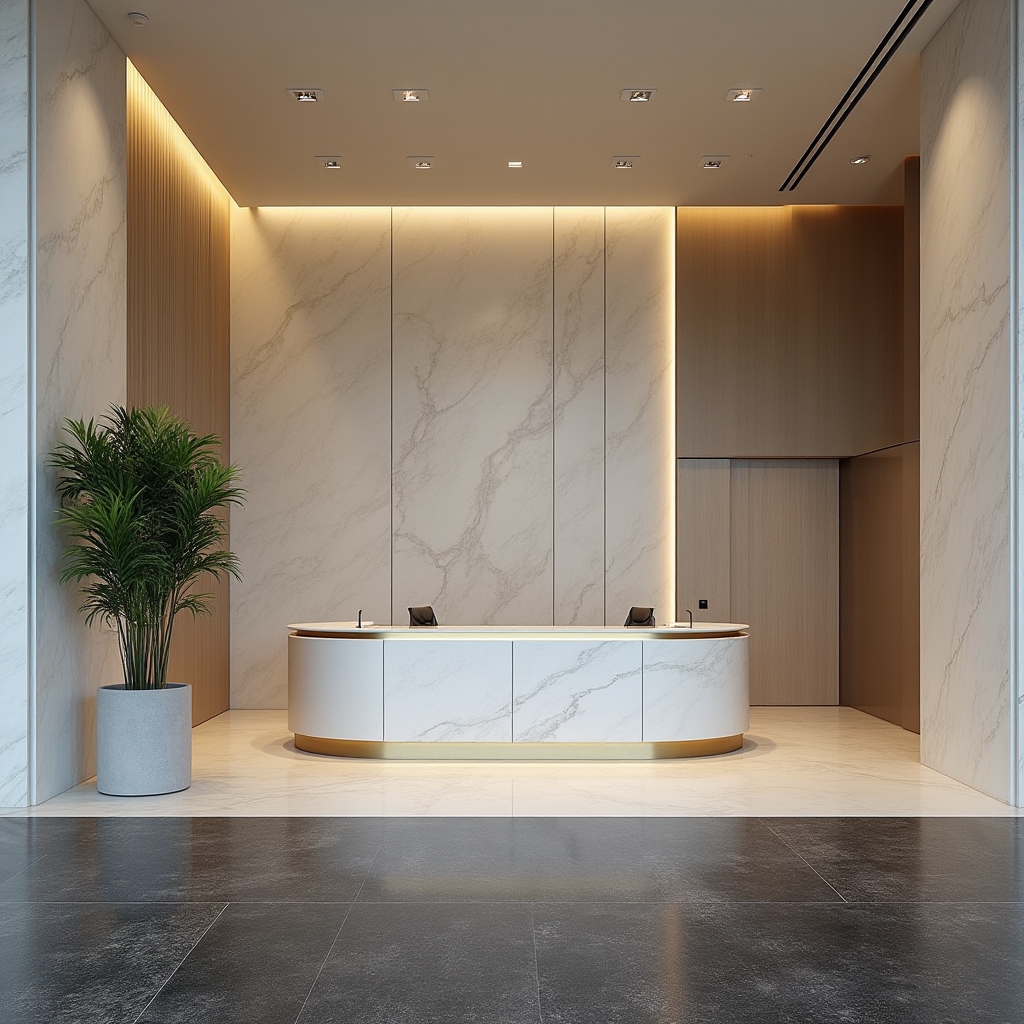 Elegant commercial building lobby with stone and warm lighting