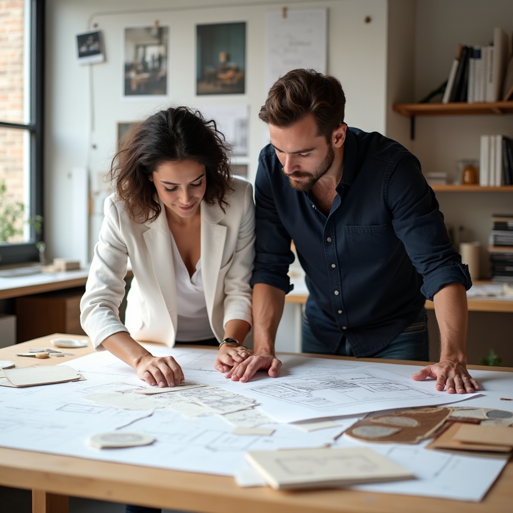 Interior design studio team reviewing architectural plans and material samples